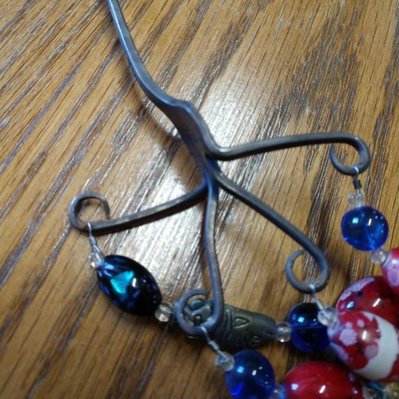 Beaded Blue/Red and Fish Beads Upcycled Recycled Silverware Windchime - Picture 4 of 6